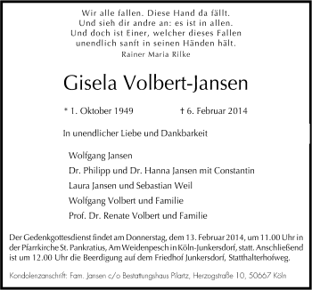 Traueranzeige von Gisela Volbert-Jansen von Neue Osnabrücker Zeitung GmbH & Co. KG