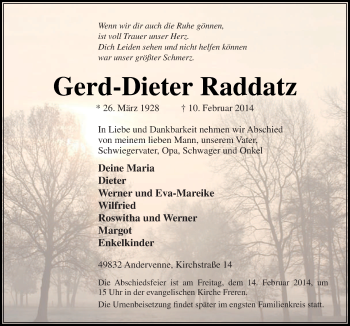 Traueranzeige von Gerd-Dieter  Raddatz von Neue Osnabrücker Zeitung GmbH & Co. KG