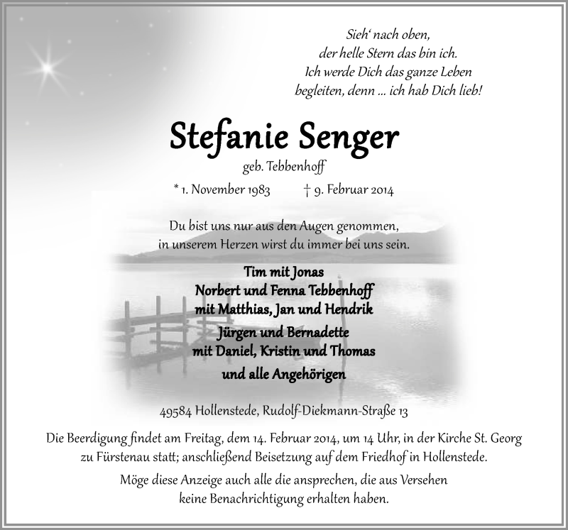  Traueranzeige für Stefanie Senger vom 12.02.2014 aus Neue Osnabrücker Zeitung GmbH & Co. KG