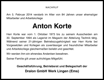 Traueranzeige von Anton Korte von Neue Osnabrücker Zeitung GmbH & Co. KG