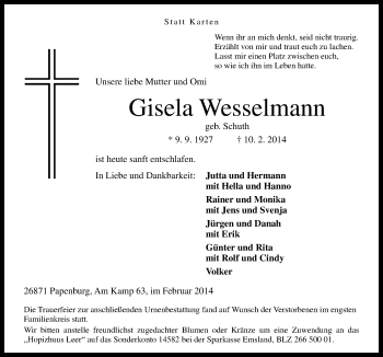 Traueranzeige von Gisela Wesselmann von Neue Osnabrücker Zeitung GmbH & Co. KG