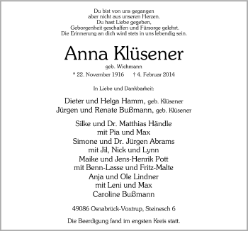 Traueranzeige von Anna Klüsener von Neue Osnabrücker Zeitung GmbH & Co. KG