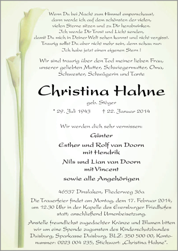 Traueranzeige von Christina Hahne von Neue Osnabrücker Zeitung GmbH & Co. KG