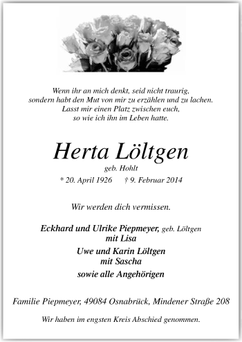 Traueranzeige von Herta Löltgen von Neue Osnabrücker Zeitung GmbH & Co. KG