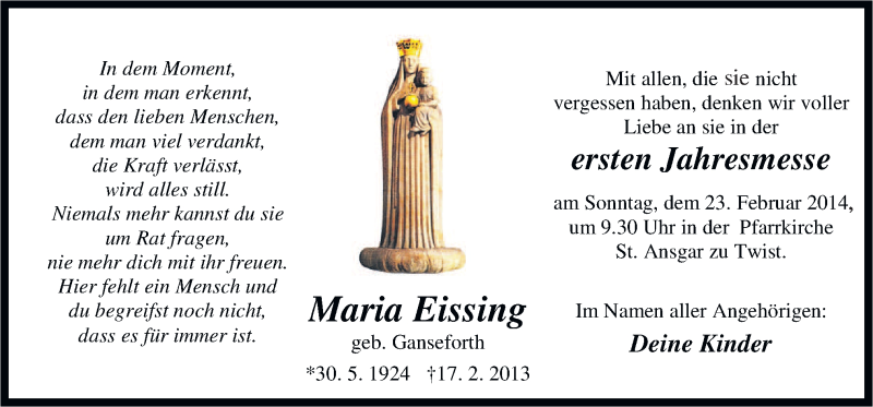  Traueranzeige für Maria Eissing vom 17.02.2014 aus Neue Osnabrücker Zeitung GmbH & Co. KG