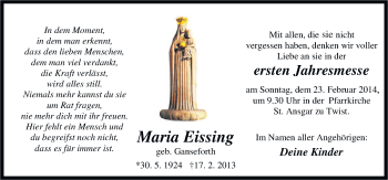 Traueranzeige von Maria Eissing von Neue Osnabrücker Zeitung GmbH & Co. KG