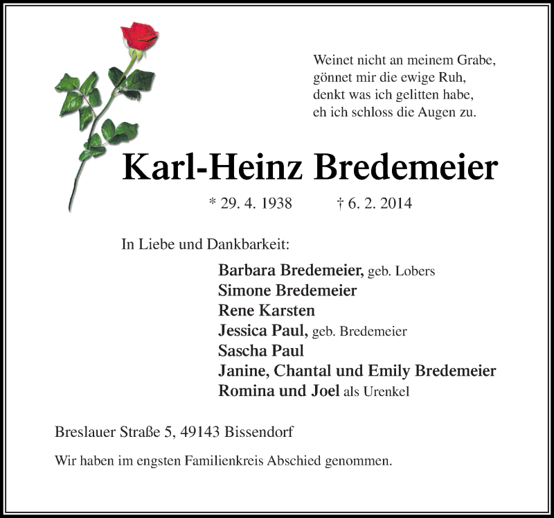  Traueranzeige für Karl-Heinz Bredemeier vom 15.02.2014 aus Neue Osnabrücker Zeitung GmbH & Co. KG