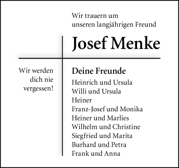 Traueranzeige von Josef Menke von Neue Osnabrücker Zeitung GmbH & Co. KG