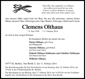 Traueranzeige von Clemens Olthaus von Neue Osnabrücker Zeitung GmbH & Co. KG