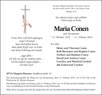 Traueranzeige von Maria Conen von Neue Osnabrücker Zeitung GmbH & Co. KG