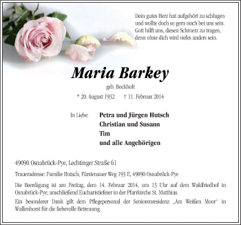 Traueranzeige von Maria Barkey von Neue Osnabrücker Zeitung GmbH & Co. KG