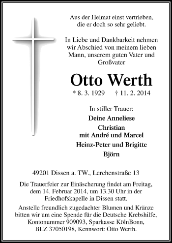 Traueranzeige von Otto Werth von Neue Osnabrücker Zeitung GmbH & Co. KG