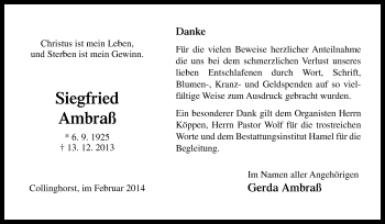 Traueranzeige von Siegfried Ambraß von Neue Osnabrücker Zeitung GmbH & Co. KG