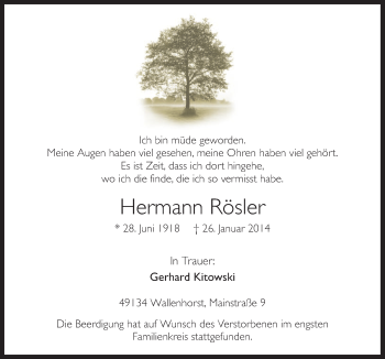 Traueranzeige von Hermann Rösler von Neue Osnabrücker Zeitung GmbH & Co. KG