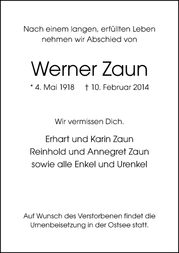 Traueranzeige von Werner Zaun von Neue Osnabrücker Zeitung GmbH & Co. KG