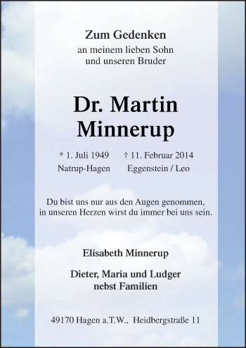 Traueranzeige von Martin Minnerup von Neue Osnabrücker Zeitung GmbH & Co. KG