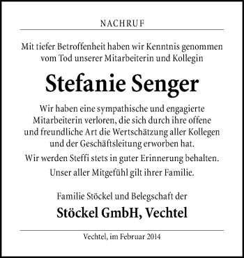 Traueranzeige von Stefanie Senger von Neue Osnabrücker Zeitung GmbH & Co. KG