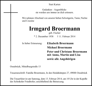 Traueranzeige von Irmgard Broermann von Neue Osnabrücker Zeitung GmbH & Co. KG