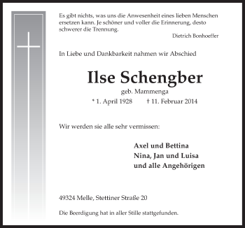 Traueranzeige von Ilse Schengber von Neue Osnabrücker Zeitung GmbH & Co. KG