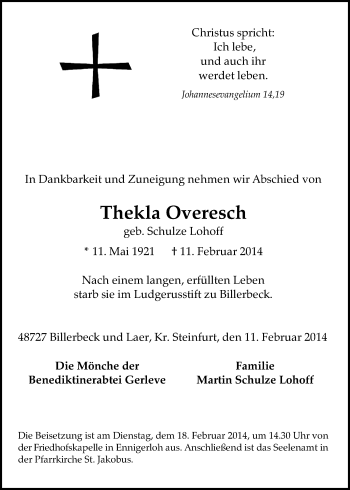 Traueranzeige von Thekla Overesch von Neue Osnabrücker Zeitung GmbH & Co. KG