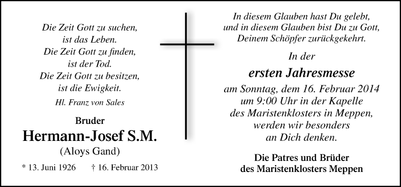  Traueranzeige für Aloys Gand vom 15.02.2014 aus Neue Osnabrücker Zeitung GmbH & Co. KG