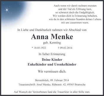 Traueranzeige von Anna Menke von Neue Osnabrücker Zeitung GmbH & Co. KG