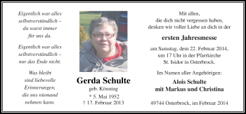 Traueranzeige von Gerda Schulte von Neue Osnabrücker Zeitung GmbH & Co. KG