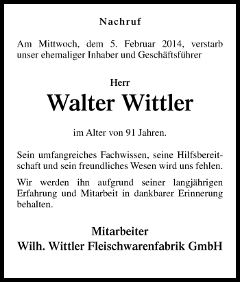 Traueranzeige von Walter Wittler von Neue Osnabrücker Zeitung GmbH & Co. KG