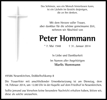 Traueranzeige von Peter Hommann von Neue Osnabrücker Zeitung GmbH & Co. KG