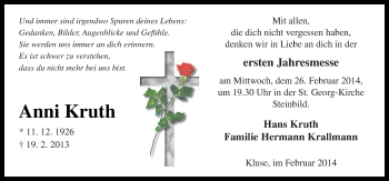 Traueranzeige von Anni Kruth von Neue Osnabrücker Zeitung GmbH & Co. KG