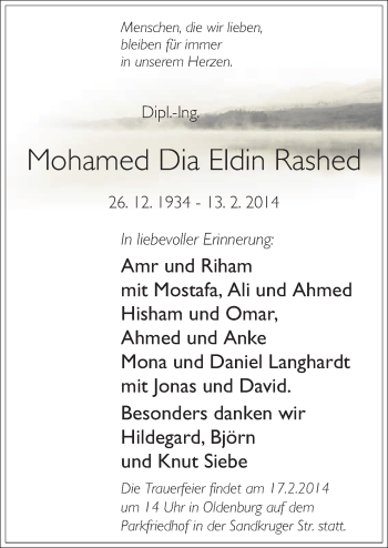 Traueranzeige von Mohamed  Dia Eldin Rashed von Neue Osnabrücker Zeitung GmbH & Co. KG
