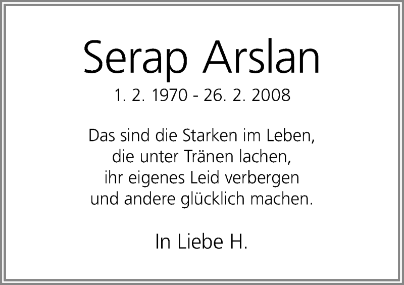  Traueranzeige für Serap Arslan vom 26.02.2014 aus Neue Osnabrücker Zeitung GmbH & Co. KG