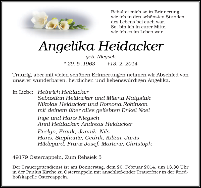  Traueranzeige für Angelika Heidacker vom 17.02.2014 aus Neue Osnabrücker Zeitung GmbH & Co. KG