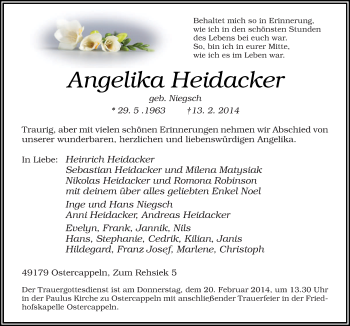 Traueranzeige von Angelika Heidacker von Neue Osnabrücker Zeitung GmbH & Co. KG
