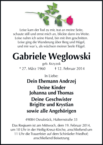 Traueranzeige von Gabriele Weglowski von Neue Osnabrücker Zeitung GmbH & Co. KG