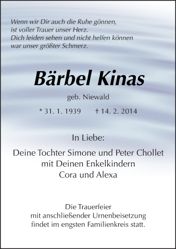 Traueranzeige von Bärbel Kinas von Neue Osnabrücker Zeitung GmbH & Co. KG