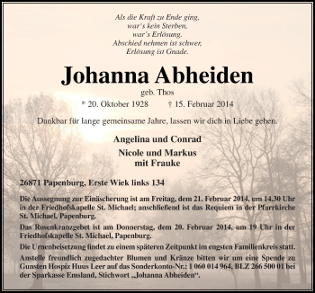 Traueranzeige von Johanna Abheiden von Neue Osnabrücker Zeitung GmbH & Co. KG