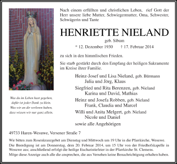 Traueranzeige von Henriette Nieland von Neue Osnabrücker Zeitung GmbH & Co. KG