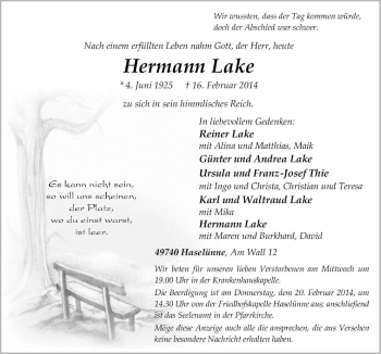 Traueranzeige von Hermann Lake von Neue Osnabrücker Zeitung GmbH & Co. KG