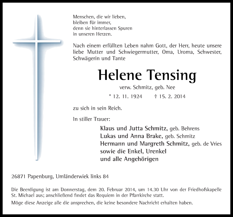  Traueranzeige für Helene Tensing vom 18.02.2014 aus Neue Osnabrücker Zeitung GmbH & Co. KG
