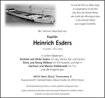 Traueranzeige von Heinrich Esders von Neue Osnabrücker Zeitung GmbH & Co. KG