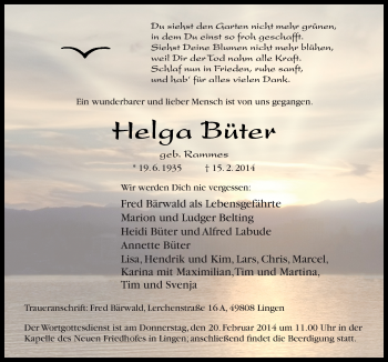 Traueranzeige von Helga Büter von Neue Osnabrücker Zeitung GmbH & Co. KG