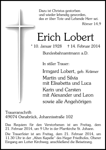 Traueranzeige von Erich Lobert von Neue Osnabrücker Zeitung GmbH & Co. KG