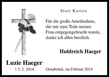 Traueranzeige von Luzie Haeger von Neue Osnabrücker Zeitung GmbH & Co. KG