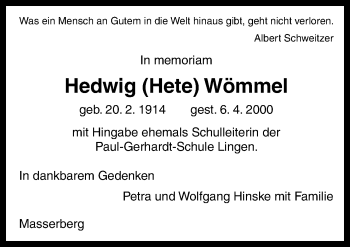 Traueranzeige von Hedwig Wömmel von Neue Osnabrücker Zeitung GmbH & Co. KG