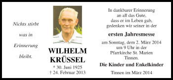 Traueranzeige von Wilhelm Krüssel von Neue Osnabrücker Zeitung GmbH & Co. KG