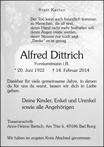 Traueranzeige von Alfred Dittrich von Neue Osnabrücker Zeitung GmbH & Co. KG