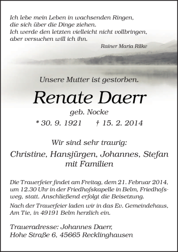 Traueranzeige von Renate Daerr von Neue Osnabrücker Zeitung GmbH & Co. KG