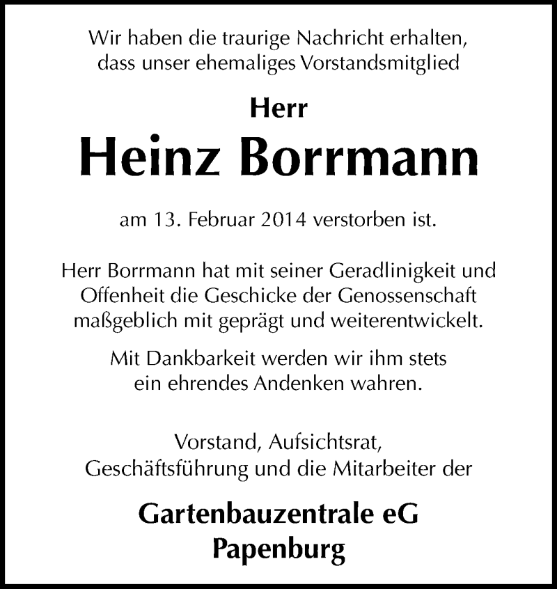  Traueranzeige für Heinz Borrmannn vom 19.02.2014 aus Neue Osnabrücker Zeitung GmbH & Co. KG