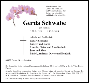 Traueranzeige von Gerda Schwabe von Neue Osnabrücker Zeitung GmbH & Co. KG